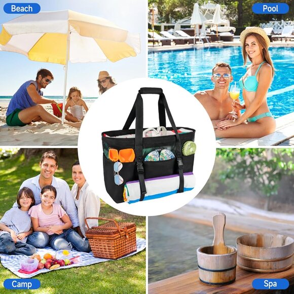 Women's Black with Front Buckles Mesh Beach Tote Waterproof Sandproof Beach Bag - Picture 8 of 8